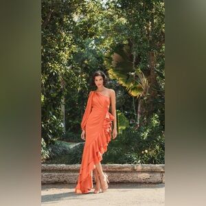 IEENA FOR MAC DUGGAL One Shoulder Asymmetrical Ruffled Cascade Gown